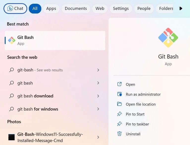 Git-Bash-Windows11-Search-for-App.jpg كيفية تثبيت Git و Git Bash في Windows