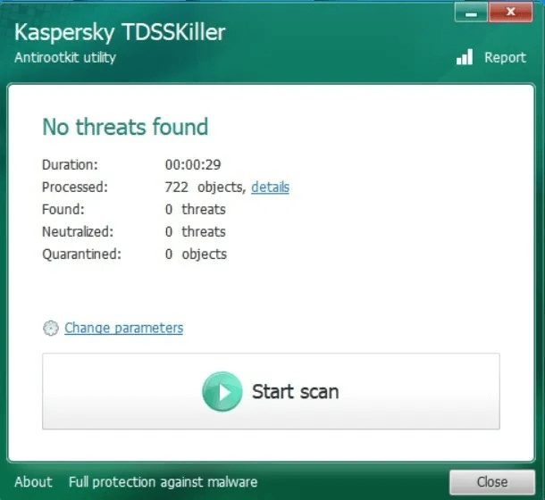 Keyloggers-Windows-Kaspersky-TDSSKiller-No-Threats.jpg كيفية الكشف عن Keyloggers في أنظمة Windows