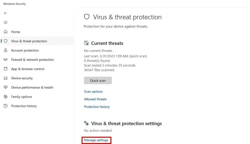 Keyloggers-Windows-Virus-and-Threat-Protection-Manage-Settings-800x463.jpg كيفية الكشف عن Keyloggers في أنظمة Windows