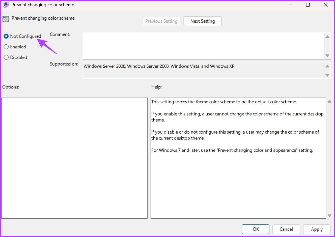 Not-configured-option أفضل 6 طرق لإصلاح Windows 11 عالق في الوضع المظلم
