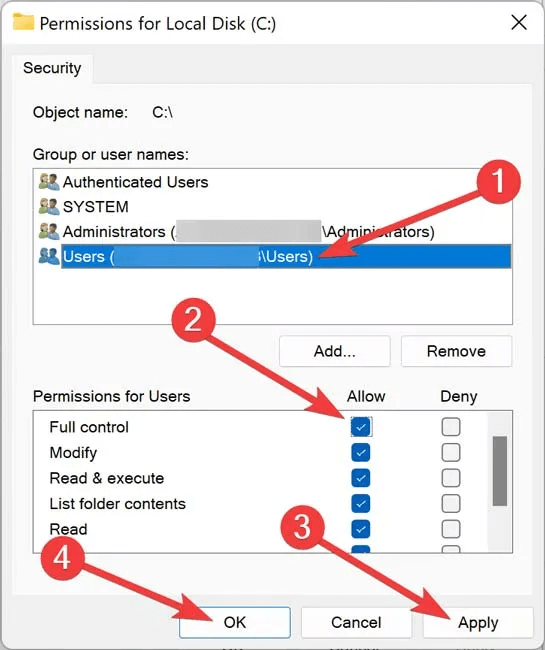 Privilege-is-Not-Held-Granting-full-access-to-a-user.jpg-1 4 طرق لإزالة الخطأ 0x80070522 من Windows