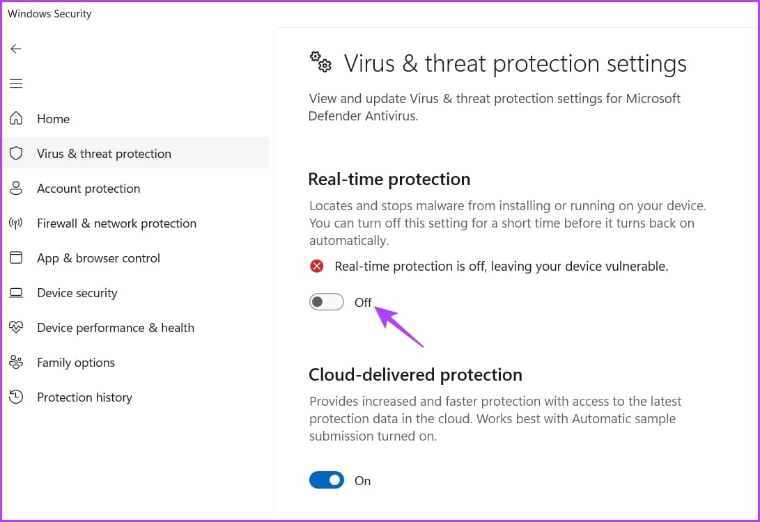 Real-time-protection-3-1 7 طرق سريعة لإصلاح خطأ "تأكد من أن المجلد المؤقت temp الخاص بك صالح" على Windows 11