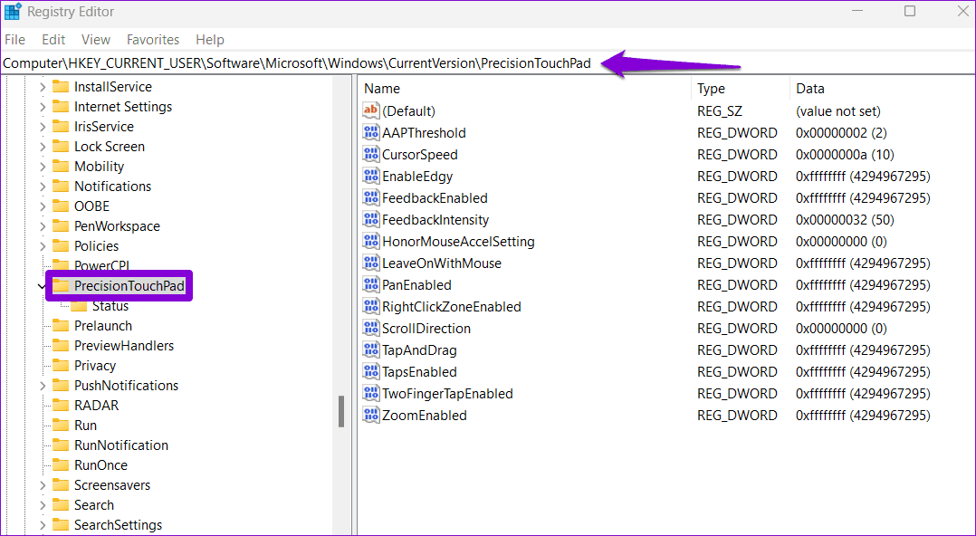 Registry-Editor-Window-5 أفضل 3 طرق لزيادة أو تقليل حساسية لوحة اللمس على أجهزة الكمبيوتر المحمولة Windows 11