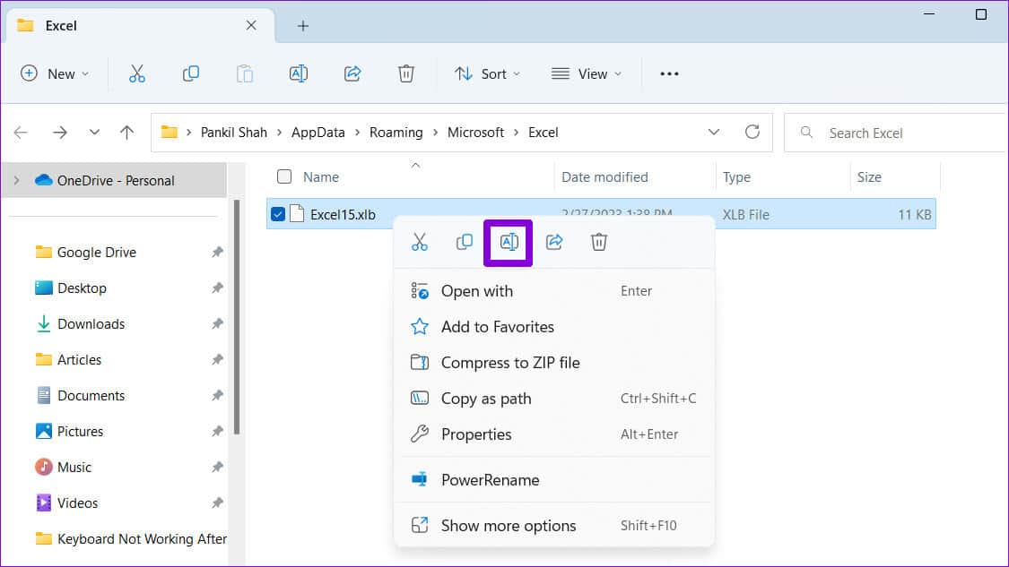 Rename-Excel-Toolbar-File أفضل 6 طرق لإصلاح عدم عمل شريط أدوات Excel في Windows