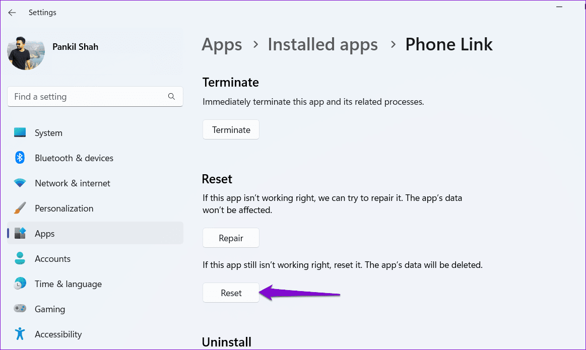 Reset-Phone-Link-App أفضل 5 طرق لإصلاح عدم وجود مثل هذه الواجهة المدعومة (No such interface supported) في Windows 11