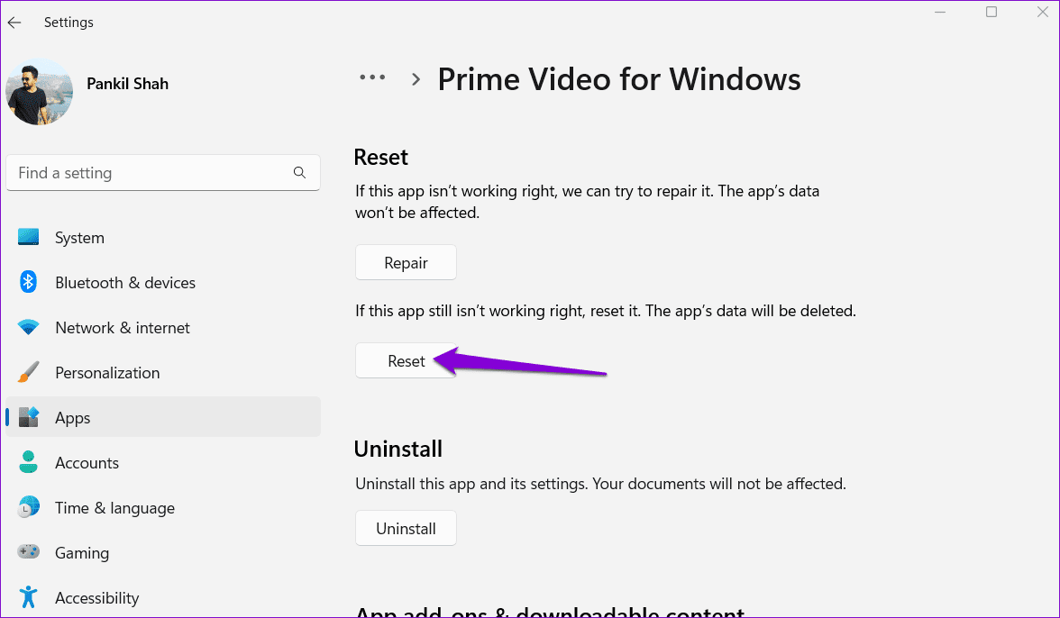 Reset-Prime-Video-App-on-Windows أفضل 9 طرق لإصلاح مشكلة الشاشة السوداء في Amazon Prime Video على Windows