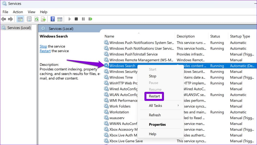 Restart-Windows-Search-Service-2 أفضل 7 طرق لإصلاح فتح قائمة البحث بشكل عشوائي في Windows 11