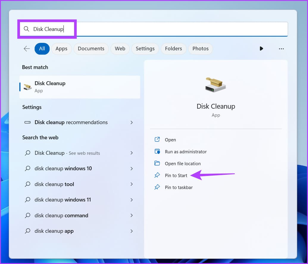 Run-diskcleanup-pin-2 9 طرق سريعة لتشغيل تنظيف القرص Disk Cleanup في Windows 11