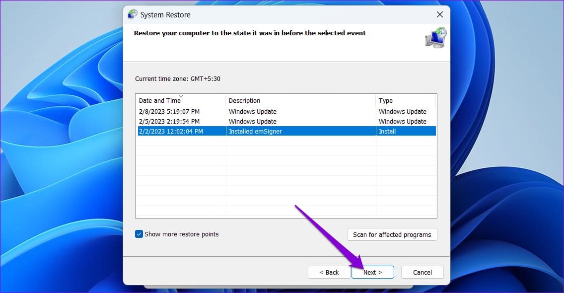 Select-Restore-Point-in-Windows-11-1 أفضل 5 طرق لإصلاح عدم وجود مثل هذه الواجهة المدعومة (No such interface supported) في Windows 11