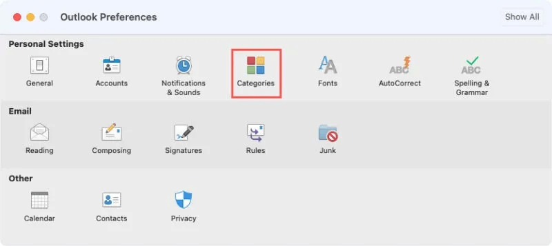 Settings-Categories-Outlook-Mac-800x357.jpg كيفية استخدام فئات Microsoft Outlook لتنظيم البريد الإلكتروني