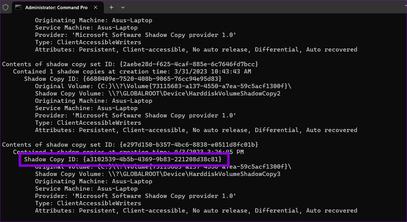 Shadow-Copy-ID-of-Restore-Points-in-Windows-Using-Command-Prompt كيفية حذف نقاط استعادة النظام القديمة في Windows 11