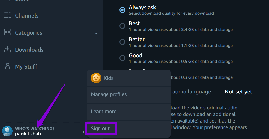 Sign-Out-of-Prime-Video أفضل 9 طرق لإصلاح مشكلة الشاشة السوداء في Amazon Prime Video على Windows
