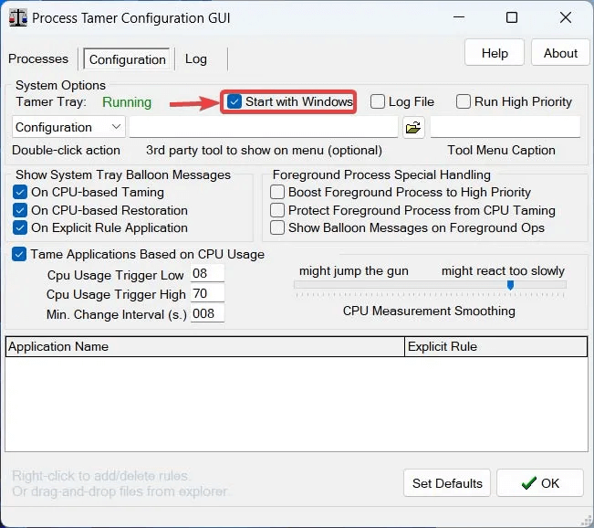 Start-Process-Tamer-on-startup-1.jpg كيفية الحد من استخدام وحدة المعالجة المركزية للتطبيق في Windows