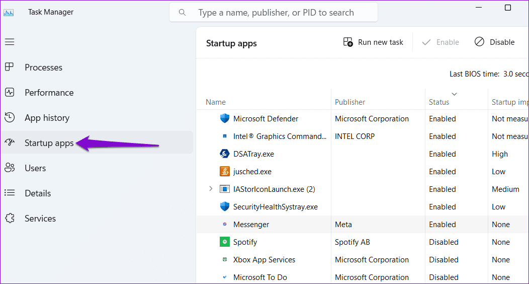 Startup-Apps-in-Windows-Task-Manager كيفية منع Facebook Messenger من الفتح عند بدء التشغيل على Windows