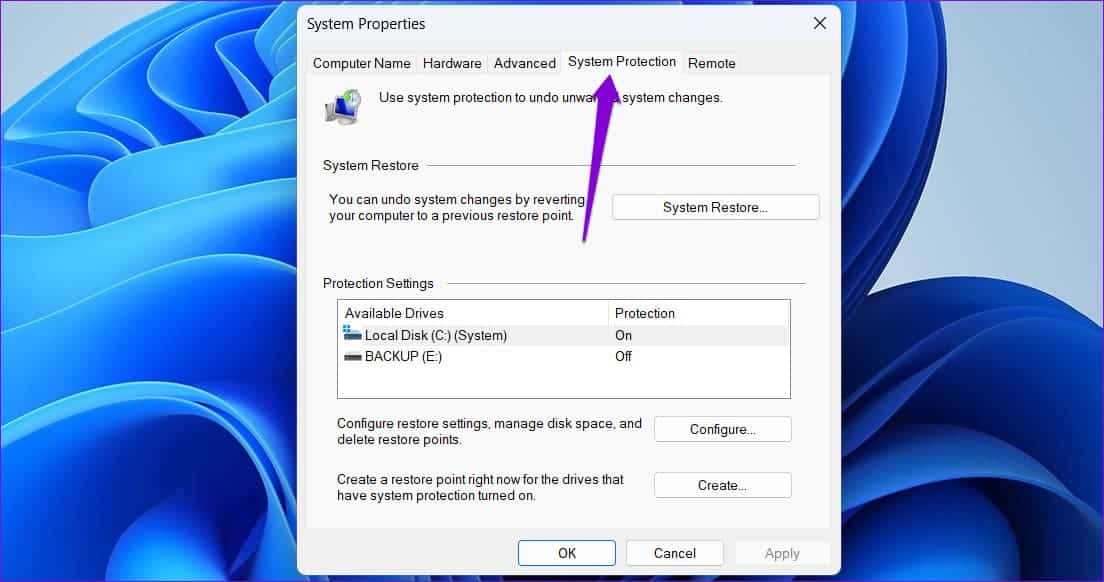 System-Protection-Tab كيفية حذف نقاط استعادة النظام القديمة في Windows 11