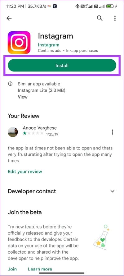 Tap-install-to-reinstall-Instagram-on-Android 10 طرق سهلة لإصلاح "هذه القصة غير متوفرة" على Instagram