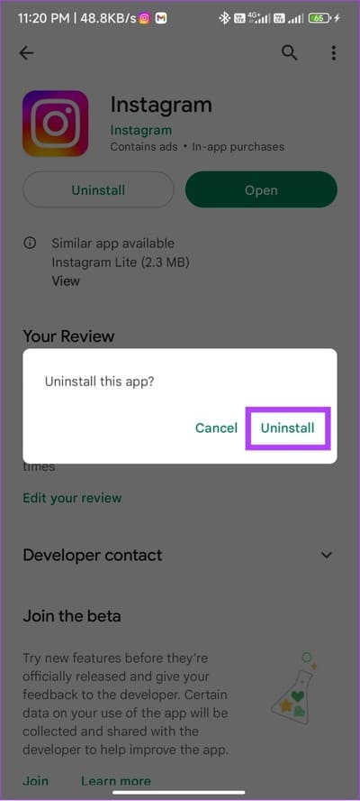 Tap-uninstall-to-confrim-Instagram-deletion-from-Android 10 طرق سهلة لإصلاح "هذه القصة غير متوفرة" على Instagram