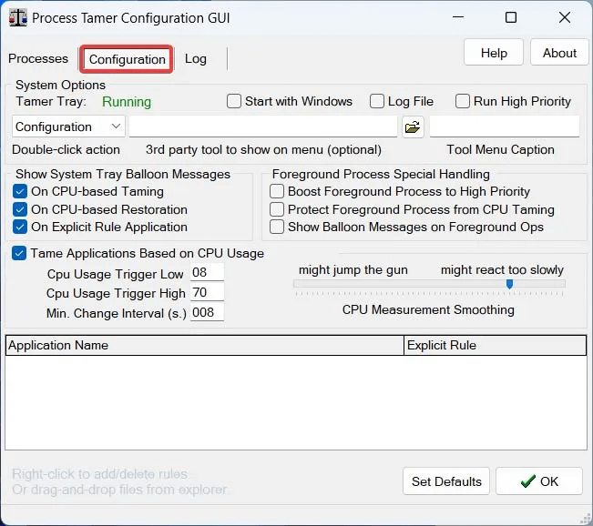 The-configuration-tab-1.jpg كيفية الحد من استخدام وحدة المعالجة المركزية للتطبيق في Windows