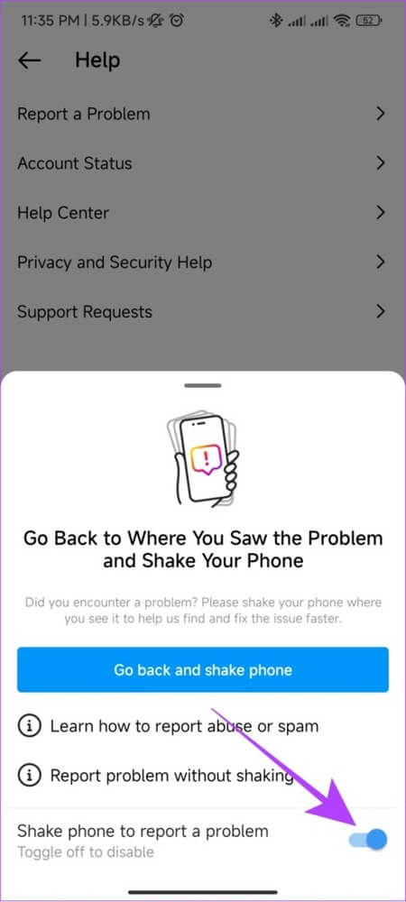 Toggle-on-shake-phone-to-report-461x1024-1 كيفية الاتصال بـ Instagram للحصول على الدعم أو الإبلاغ عن مشكلة