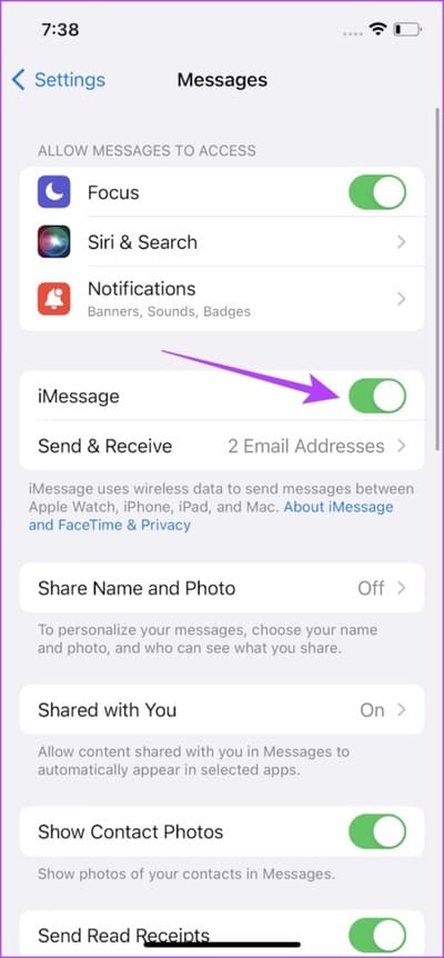 Turn-on-Toggle-For-Messages-475x1024-1 8 طرق لإصلاح عدم ظهور إعادة توجيه الرسائل النصية على iPhone