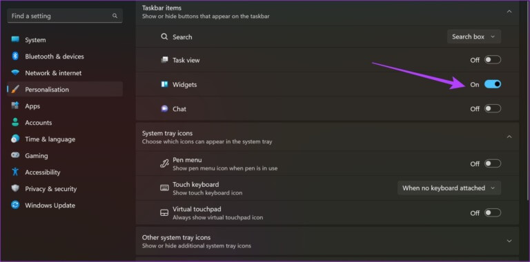 Turn-on-Toggle-for-Widgets-768x380-1 كيفية إضافة Weather widget إلى شريط المهام في Windows 11