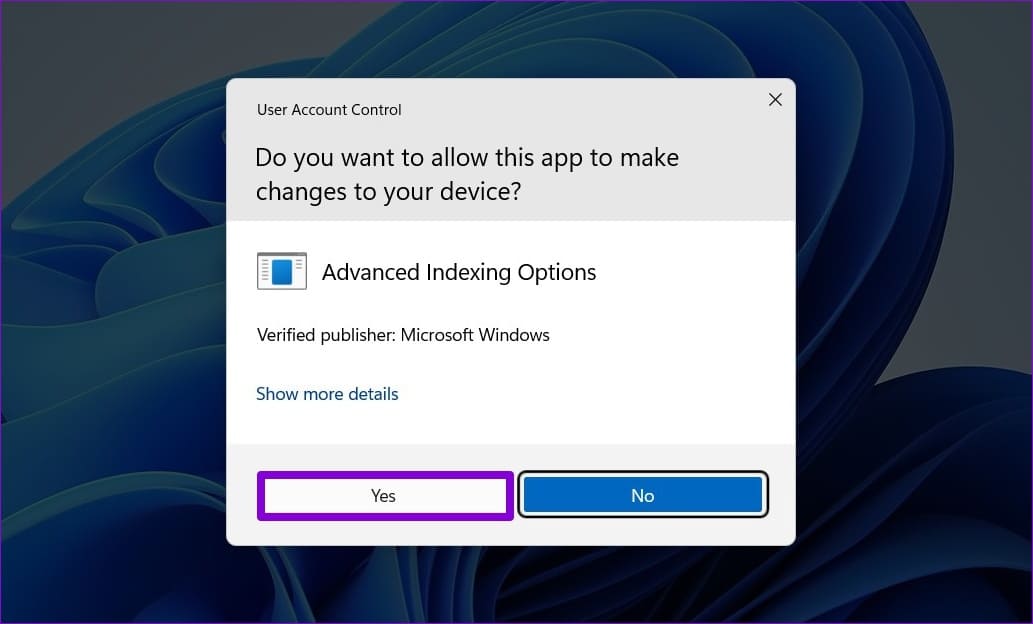 UAC-Prompt كيفية إعادة إنشاء فهرس البحث في Windows 11