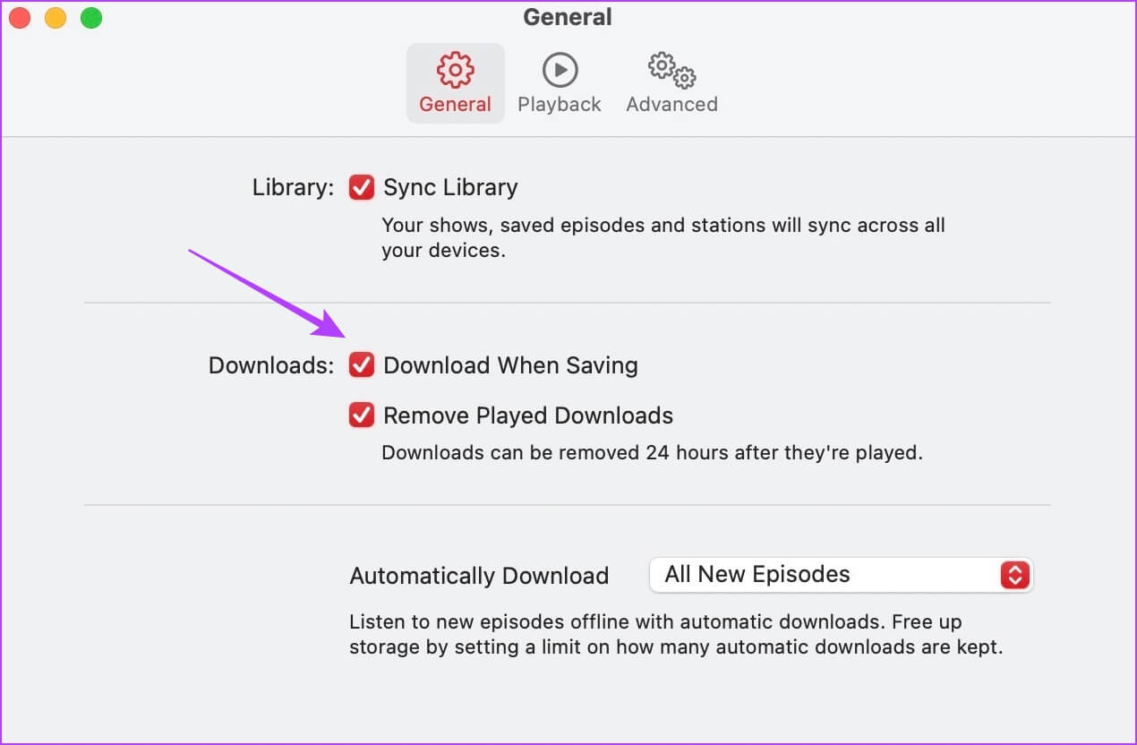 Uncheck-Download-When-Saving كيفية إيقاف تطبيق Podcasts من تنزيل العروض تلقائيًا على iPhone و iPad و Mac