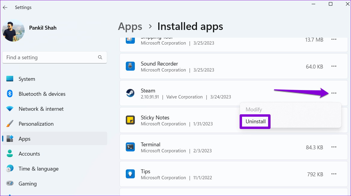 Uninstall-Steam-From-Windows أفضل 10 طرق لإصلاح استمرار تعطل Steam على Windows 11
