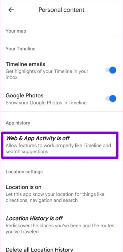 Web-and-App-Activity-in-Google-Maps أهم 7 إصلاحات لعدم عمل الخط الزمني لـ Google Maps على Android و iPhone