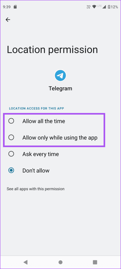 allow-location-access-telegram-android-461x1024-1 أفضل 7 إصلاحات لعدم تحديث موقع الجغرافي المباشر Telegram Live على iPhone و Android