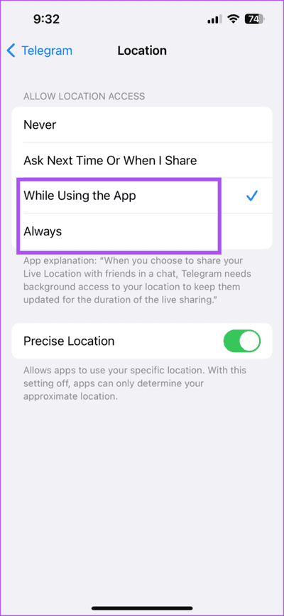 allow-location-access-telegram-iphone-473x1024-1 أفضل 7 إصلاحات لعدم تحديث موقع الجغرافي المباشر Telegram Live على iPhone و Android