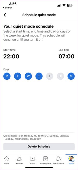 choose-day-and-time-for-quiet-mode-facebook-iphone-474x1024-1 كيفية استخدام الوضع الهادئ في Facebook على iPhone و Android