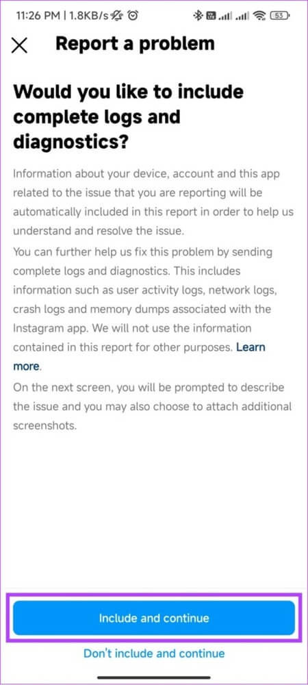 choose-include-and-continue-461x1024-1 كيفية الاتصال بـ Instagram للحصول على الدعم أو الإبلاغ عن مشكلة