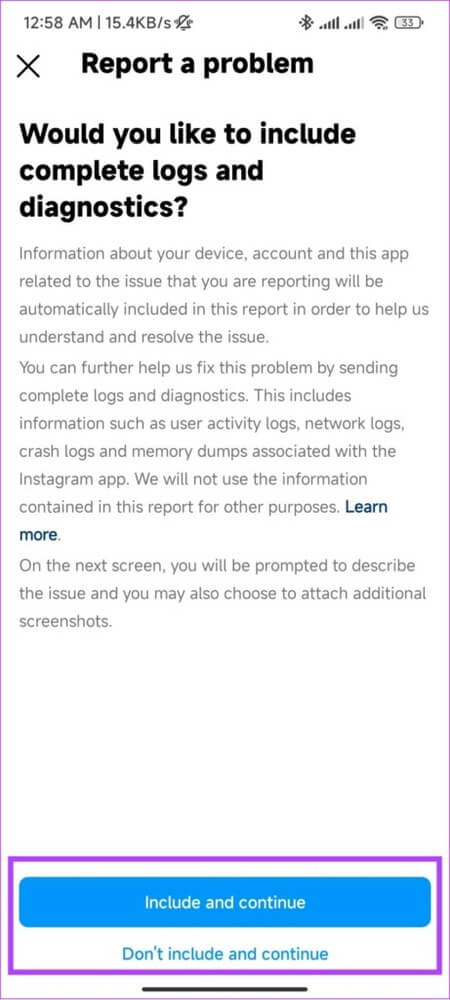 choose-wheater-to-include-logs-or-diagnostics-461x1024-1 كيفية الاتصال بـ Instagram للحصول على الدعم أو الإبلاغ عن مشكلة