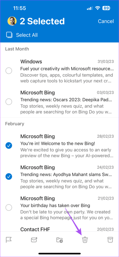 delete-email-outlook-app-iphone-474x1024-1 كيفية حذف رسائل البريد الإلكتروني المتعددة في Outlook على الهاتف المحمول والويب