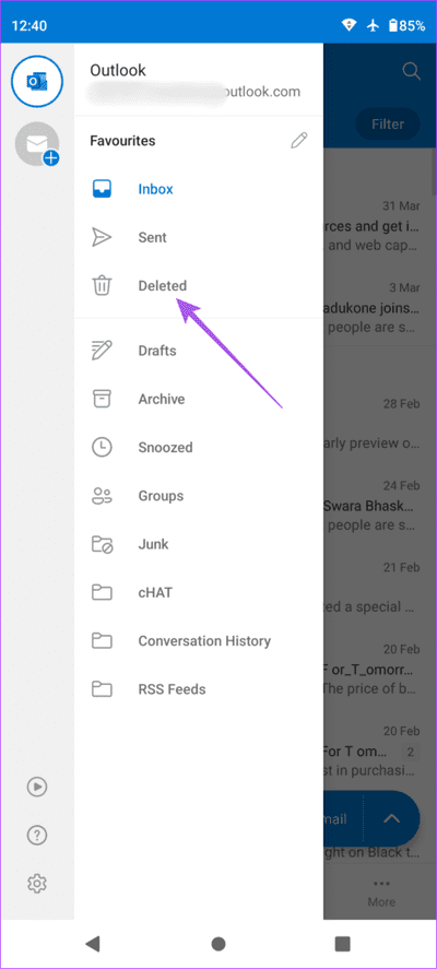 deleted-outlook-android-462x1024-1 كيفية حذف رسائل البريد الإلكتروني المتعددة في Outlook على الهاتف المحمول والويب