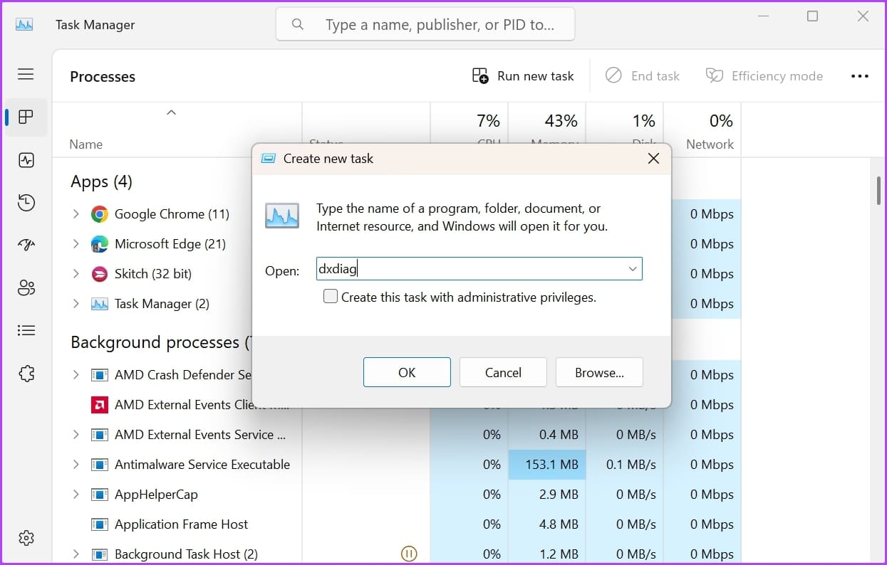 dxdiag-in-Task-Manager أفضل 6 طرق سريعة للوصول إلى أداة تشخيص DirectX في Windows 11