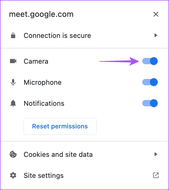 enable-camera-google-meet-website-settings-chrome أفضل 9 إصلاحات لعدم عمل كاميرا Mac في Google Meet