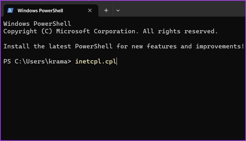 inetcpl.cpl-command-in-PowerShell أفضل 7 طرق لفتح خيارات الإنترنت على Windows 11