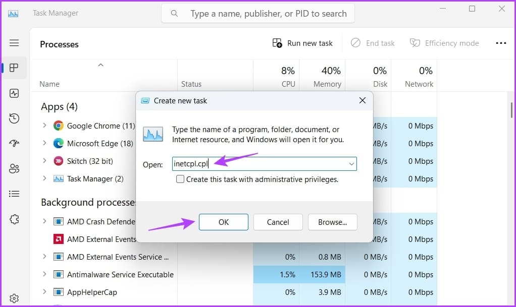 inetcpl.cpl-command-in-Task-Manager أفضل 7 طرق لفتح خيارات الإنترنت على Windows 11