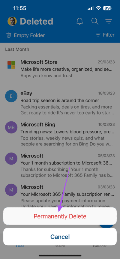 permanently-delete-outlook-iphone-474x1024-1 كيفية حذف رسائل البريد الإلكتروني المتعددة في Outlook على الهاتف المحمول والويب