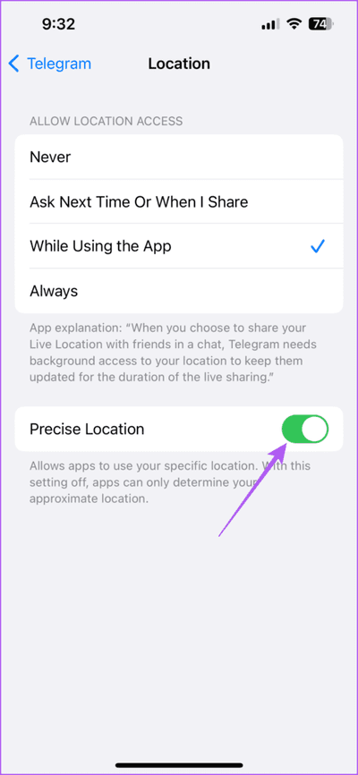 precise-location-telegram-iphone-473x1024-1 أفضل 7 إصلاحات لعدم تحديث موقع الجغرافي المباشر Telegram Live على iPhone و Android