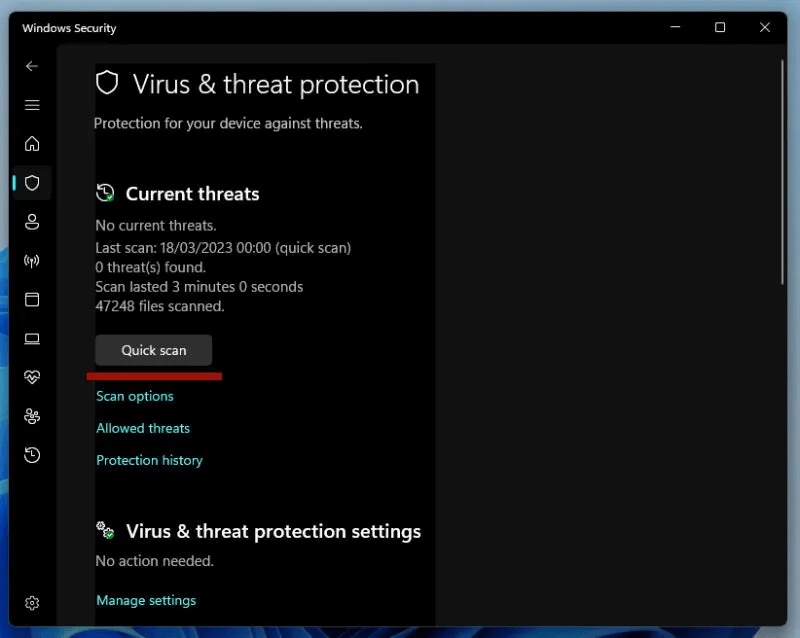 quick-scan-virus-and-threat-protection-800x638.jpg كيفية إصلاح خطأ "حدث استثناء غير معالج في تطبيقك" على Windows