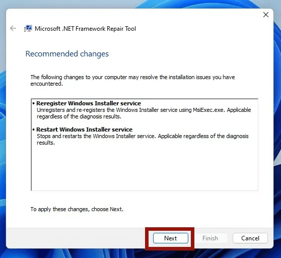 recommended-changes-.net-framework-tool.jpg كيفية إصلاح خطأ "حدث استثناء غير معالج في تطبيقك" على Windows