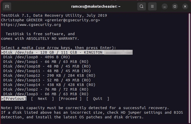 recover-files-linux-tools-11-select-disk-testdisk.png 7 طرق لاستعادة الملفات المحذوفة على Linux
