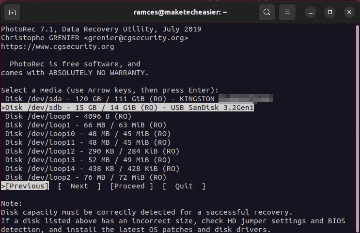 recover-files-linux-tools-20-select-disk-photorec.png 7 طرق لاستعادة الملفات المحذوفة على Linux