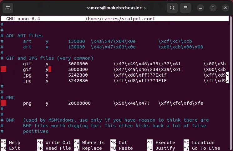 recover-files-linux-tools-26-enable-scalpel-filters.png 7 طرق لاستعادة الملفات المحذوفة على Linux