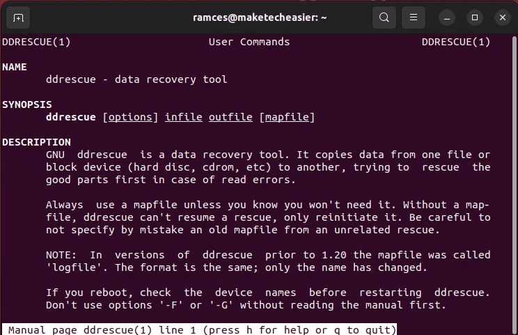 recover-files-linux-tools-28-ddrescue-man-page.png 7 طرق لاستعادة الملفات المحذوفة على Linux