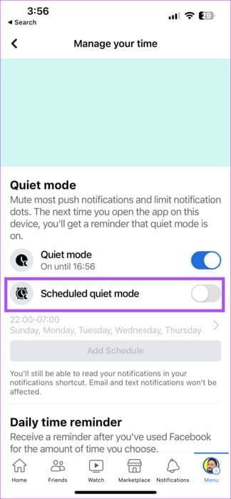 schedule-quiet-mode-facebook-iphone-474x1024-1 كيفية استخدام الوضع الهادئ في Facebook على iPhone و Android
