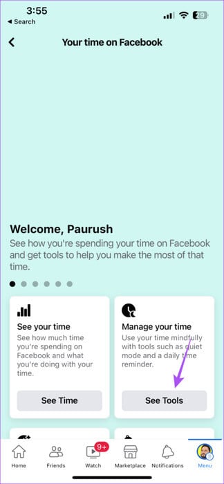 see-tools-manage-your-time-facebook-iphone-474x1024-1 كيفية استخدام الوضع الهادئ في Facebook على iPhone و Android